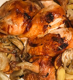 roasted chicken with herbs, potatoes and fennel