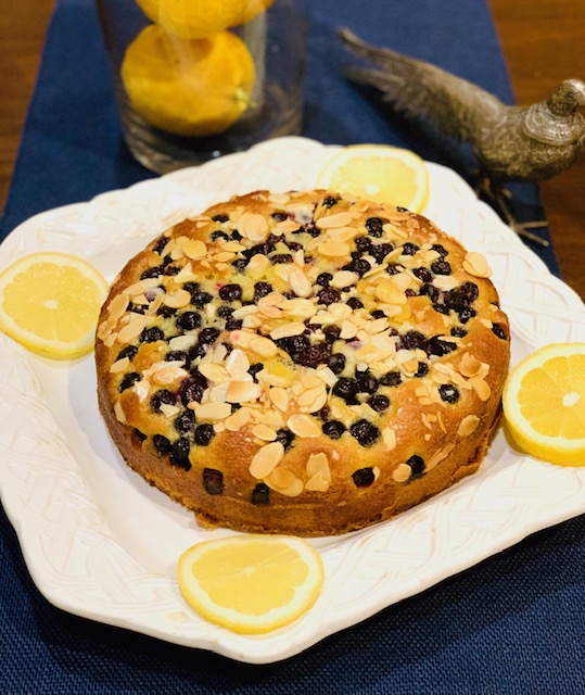 Lemon olive oil cake with blueberries and almonds