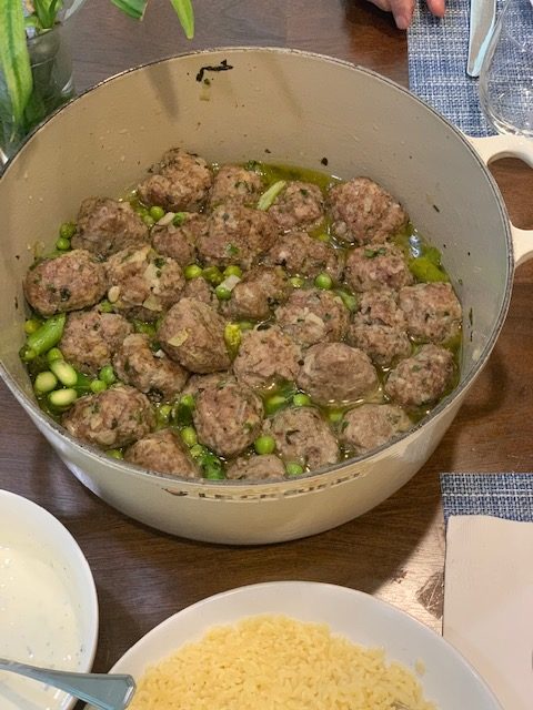 minted lamb meatballs with fresh peas & asparagus