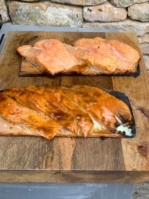 grilled salmon on cedar boards