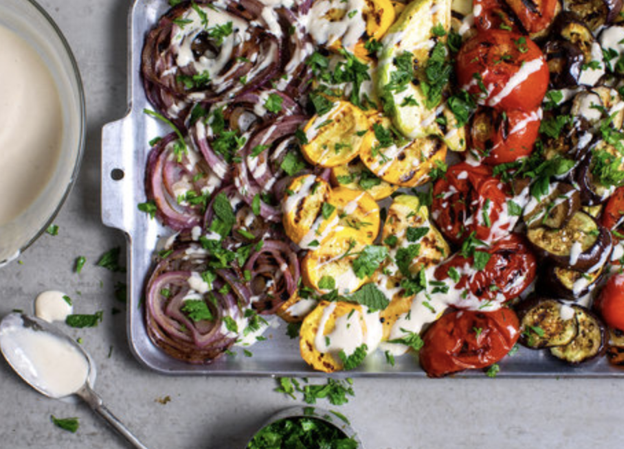 grilled summer harvest with tahini dressing