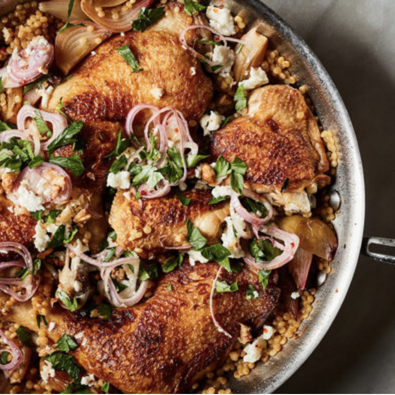 skillet chicken with couscous, halloumi & cucumber