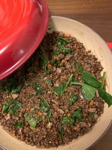 Lentils with pancetta, spinach & garlic olive oil