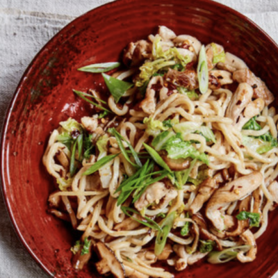 longevity noodles with chicken, ginger and mushrooms