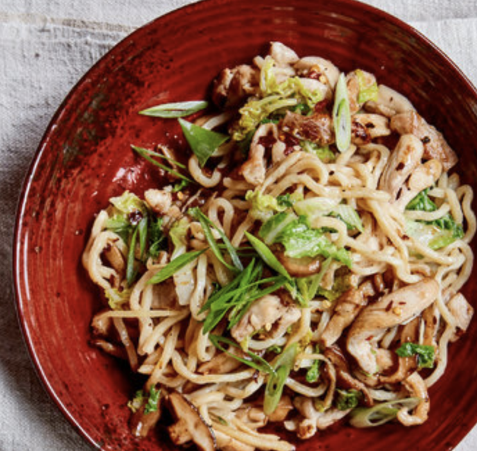 Chinese longevity noodles with chicken, ginger & mushrooms