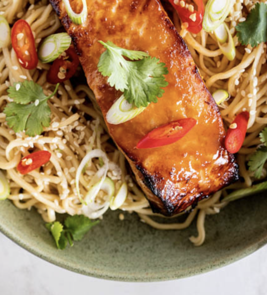 Delicious miso salmon with ginger soy noodles