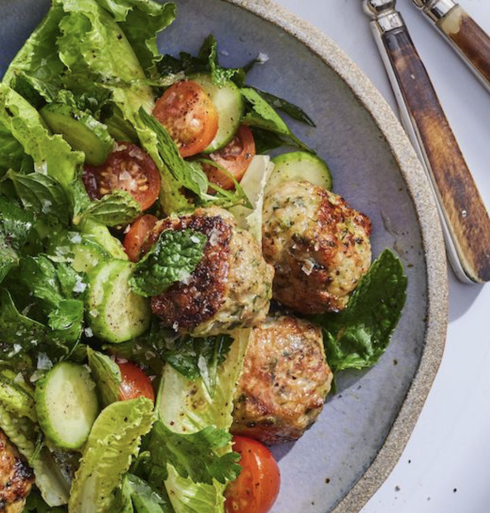 Lebanese chicken meatball & halloumi salad with pomegranate dressing